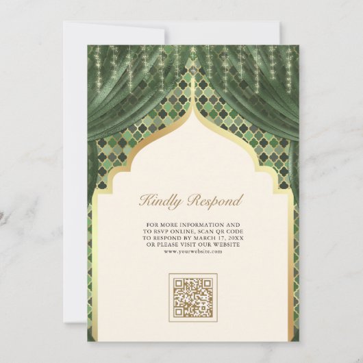 Invitation Olive Green Gold Quatrefoil QR Code Sikh Mariage (Dos)
