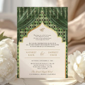 Invitation Olive Green Gold Quatrefoil QR Code Sikh Mariage