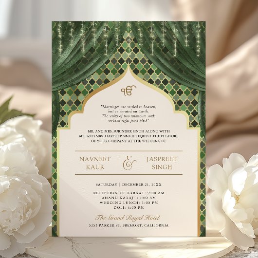 Invitation Olive Green Gold Quatrefoil QR Code Sikh Mariage