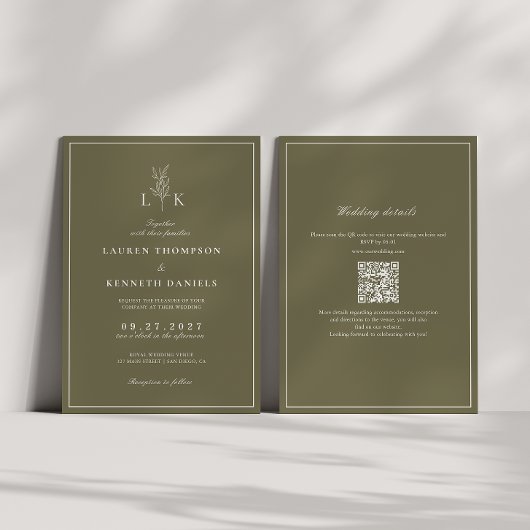 Invitation Olive Green Leaf Monogramme QR Code Mariage