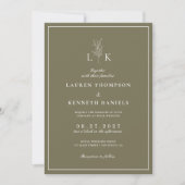 Invitation Olive Green Leaf Monogramme QR Code Mariage (Devant)