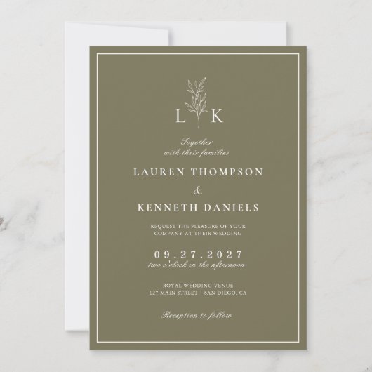 Invitation Olive Green Leaf Monogramme QR Code Mariage (Devant)