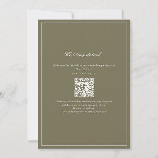Invitation Olive Green Leaf Monogramme QR Code Mariage (Dos)