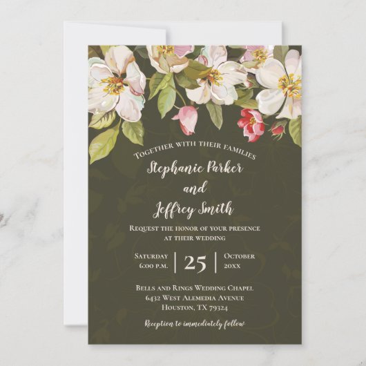 Invitation Olive Green + Magnolia Rose Mariage Floral Inviter (Devant)