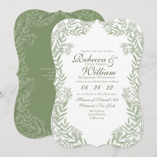Invitation Olive Green Mariage Botanique Vintage (Devant / Derrière)