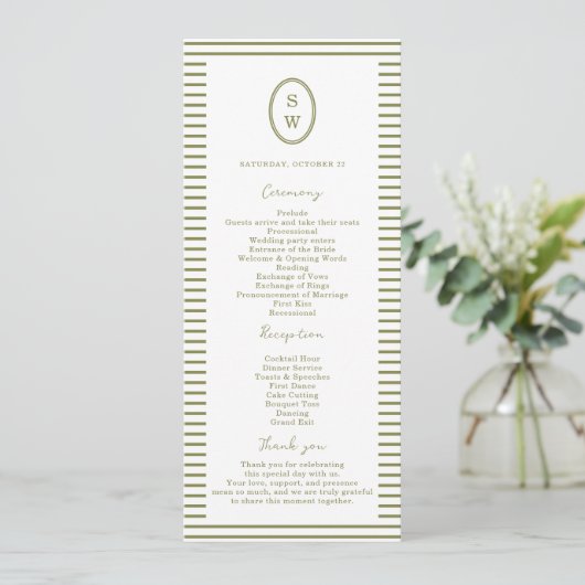 Invitation Olive Green Modern Wedding Program Card (Debout devant)