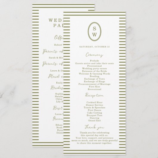 Invitation Olive Green Modern Wedding Program Card (Devant / Derrière)