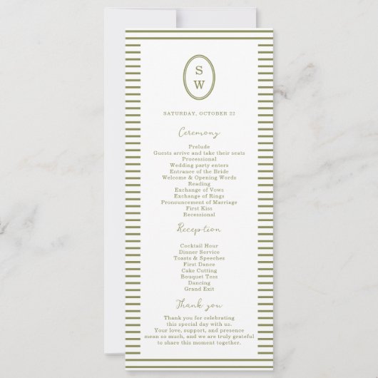 Invitation Olive Green Modern Wedding Program Card (Devant)