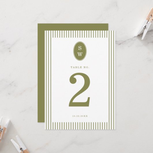 Invitation Olive Green Modern Wedding Table Number (Devant/Arrière en situation)