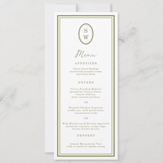 Invitation Olive Green Monogram Long Wedding Menu Card (Devant)