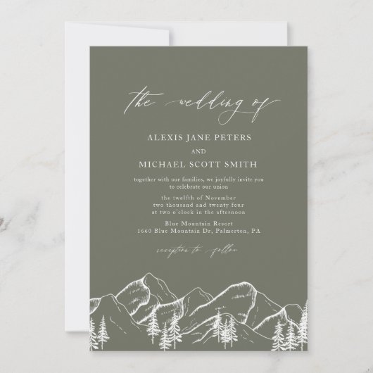 Invitation Olive Green Mountains Outdoor Pine Tree Mariage (Devant)
