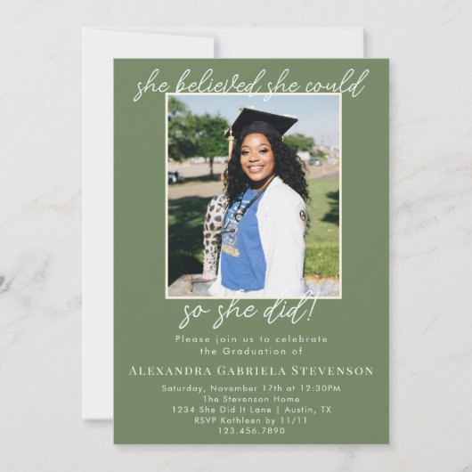 Invitation Olive Green Simple 2 Photo Script Graduation (Devant)