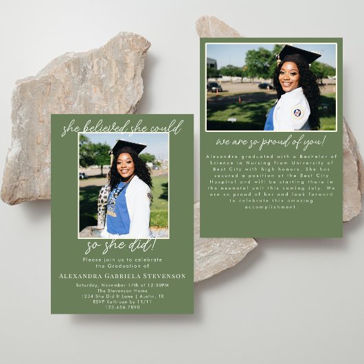 Invitation Olive Green Simple 2 Photo Script Graduation
