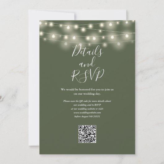 Invitation Olive Green String éclaire Floral QR Code Mariage (Dos)