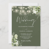 Invitation Olive Green String Lights Floral Monogramme Mariag (Devant)