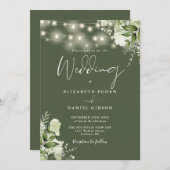 Invitation Olive Green String Lights Floral Monogramme Mariag (Devant / Derrière)