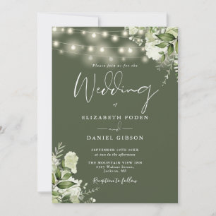 Invitation Olive Green String Lights Floral Monogramme Mariag