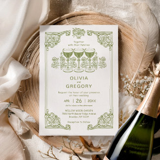 Invitation Olive Green Vintage Champagne Sparking mariage