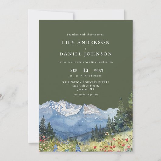 Invitation Olive Green Watercolor Mountain Wildflower Wedding (Devant)