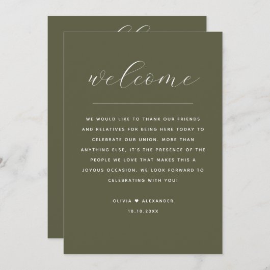 Invitation Olive Green Wedding Weekend Timeline & Welcome (Devant / Derrière)