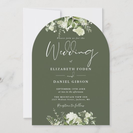 Invitation Olive Greenery Floral Monogramme Arc Mariage (Devant)