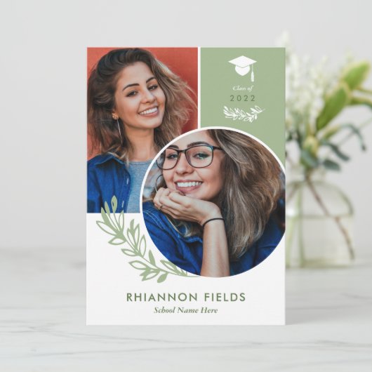 Invitation Olive Greenery Overlapping Photos Diplômé (Debout devant)