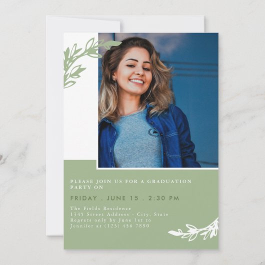 Invitation Olive Greenery Overlapping Photos Diplômé (Dos)