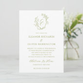 Invitation Olive Line Art Floral Monogram Crest Wedding (Debout devant)