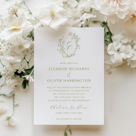 Invitation Olive Line Art Floral Monogram Crest Wedding