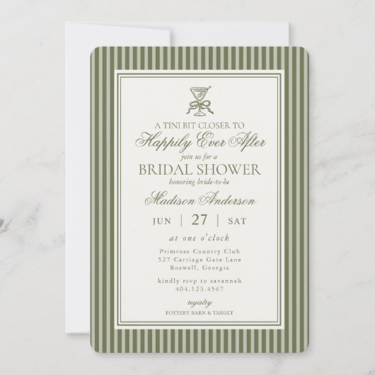 Invitation Olive Martini Tini Bit Closer Stripe Bridal Shower (Devant)