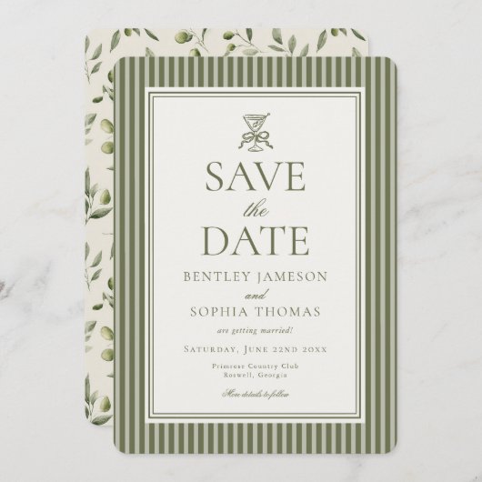 Invitation Olive Martini Tini Bit Closer Stripe Save the Date (Devant / Derrière)