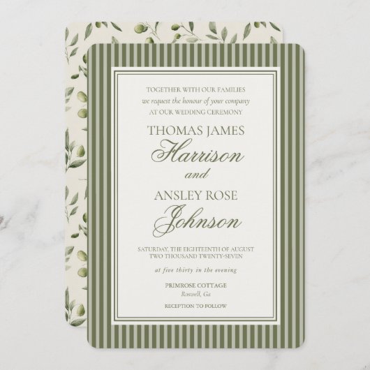 Invitation Olive Martini Tini Bit Closer Striped Wedding (Devant / Derrière)