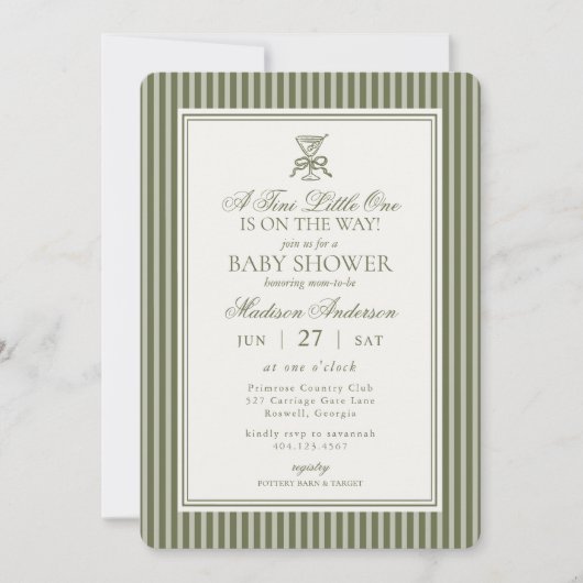 Invitation Olive Martini Tini Little One Striped Baby Shower (Devant)
