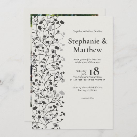 Invitation Olive noir ・ Vin en fleurs Mariage photo (Devant / Derrière)