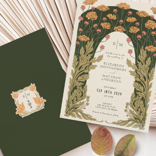 Invitation Olive & Orange Mariage Vintage Art Nouveau Floral