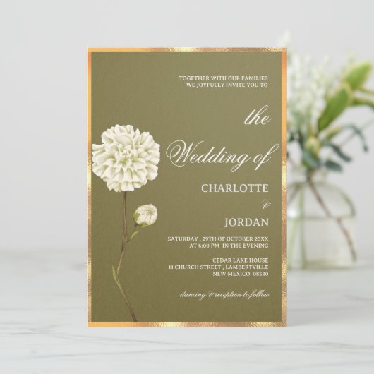 Invitation Olive rustique vert et Mariage floral blanc (Debout devant)