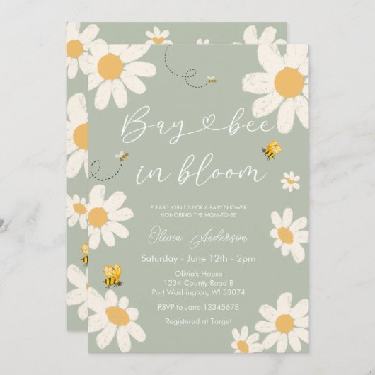 Invitation Olive Sage Daisy Retro Bay Bee Baby shower (Devant / Derrière)