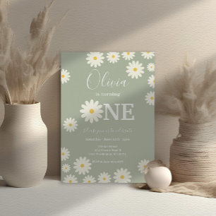 Invitation Olive Sage Retro Daisy Floral 1er anniversaire