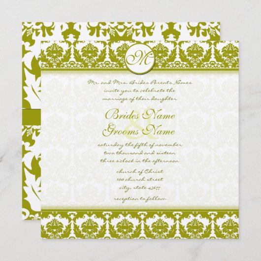 Invitation Olive Sage Vert Floral Damask Monogramme (Devant / Derrière)