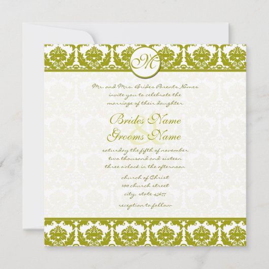 Invitation Olive Sage Vert Floral Damask Monogramme (Devant)