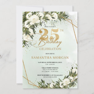 Invitation Olive vert cadre or blanc rose 25e anniversaire