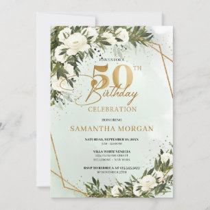 Invitation Olive vert cadre or blanc rose 50e anniversaire