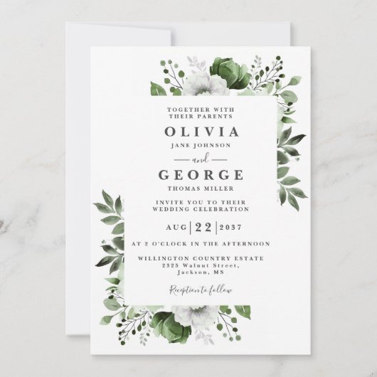 Invitation Olive Vert Élégant Floral Tout en un Mariage (Devant)