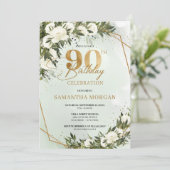 Invitation Olive vert feuille or roses blanches 90e anniversa (Debout devant)