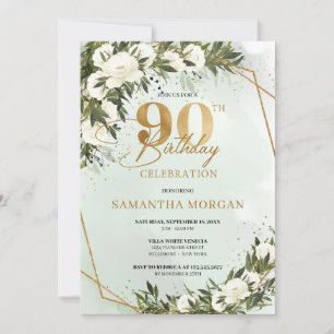 Invitation Olive vert feuille or roses blanches 90e anniversa