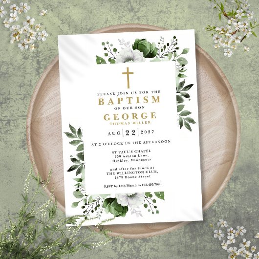 Invitation Olive Vert Floral Botanique Moderne Baptême