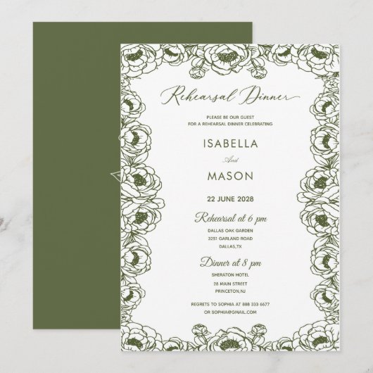 Invitation OLIVE VERT FLORAL classique simple RÉPÉTITION (Devant / Derrière)