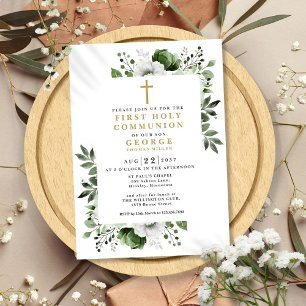 Invitation Olive Vert Floral Moderne Première Communion Saint