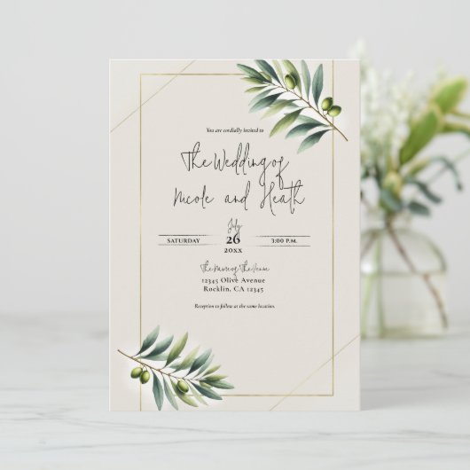 Invitation Olive vert Olive Leaf Bone Blanc & Or Russe Mariag (Debout devant)