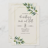 Invitation Olive vert Olive Leaf Bone Blanc & Or Russe Mariag (Devant / Derrière)